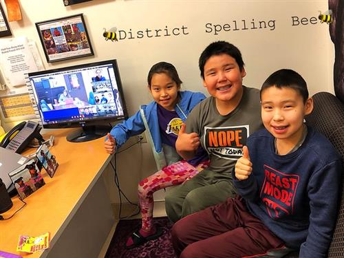 "Chief" Ivan Blunka students participate in the district spelling bee via videoconference. 