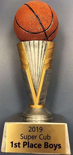  Basketball trophy with the label "2019 Super Cub 1st Place Boys" 